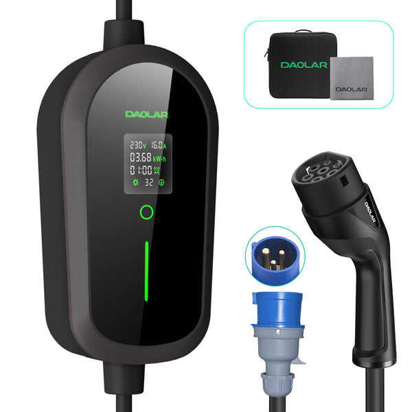 Daolar 7KW mobiele Mallbox 3-pins CEE 32 A naar type 2 autolaadkabel, 1-fase 32A EV-lader met schemaladen voor Model Y/3, ID.3/4/5, MG4, EX30, e-up, e-tron, Zoe, Q4, Gla etc.