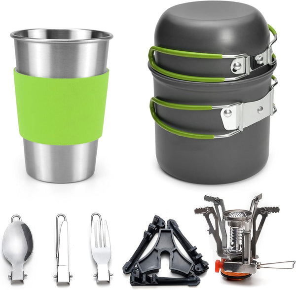 Daolar Camping Geschirr Set 9 teilig Outdoor Kochgeschirr Aluminium Camping Töpfe Tassen Faltbares Besteck Mini Campingkocher für Outdoor Picknick Wandern