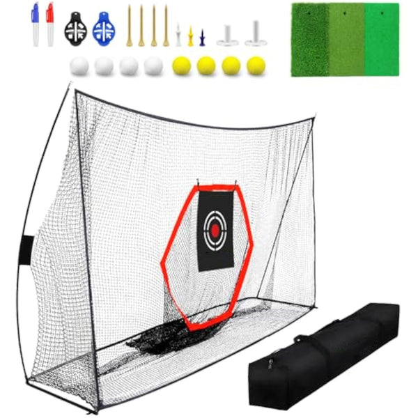 Daolar 10x7 ft Golf-Übungsnetz mit Golfmatte, robuste Golfnetze mit Zielscheibe in der Mitte, 8 Golfbälle, 9 Golf-Tees, 2 Markierungsstifte für das Abschlagen im Garten, Chipping-Trainingsnetz für drinnen und draußen